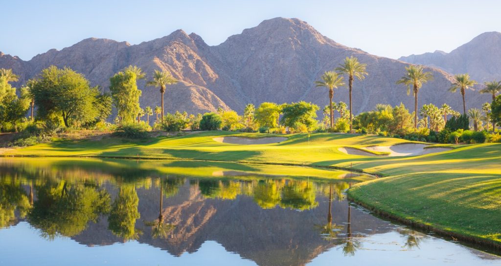 Rancho Mirage Mountain and Palm Trees and Water